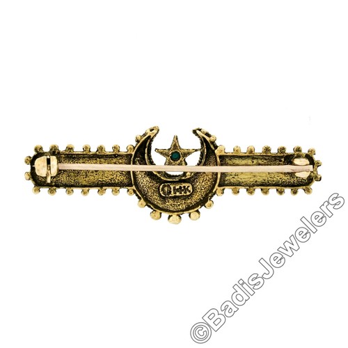 Vintage Victorian Revival 14K Gold Turquoise Crescent & Star Bar Pin Brooch - Picture 4 of 5
