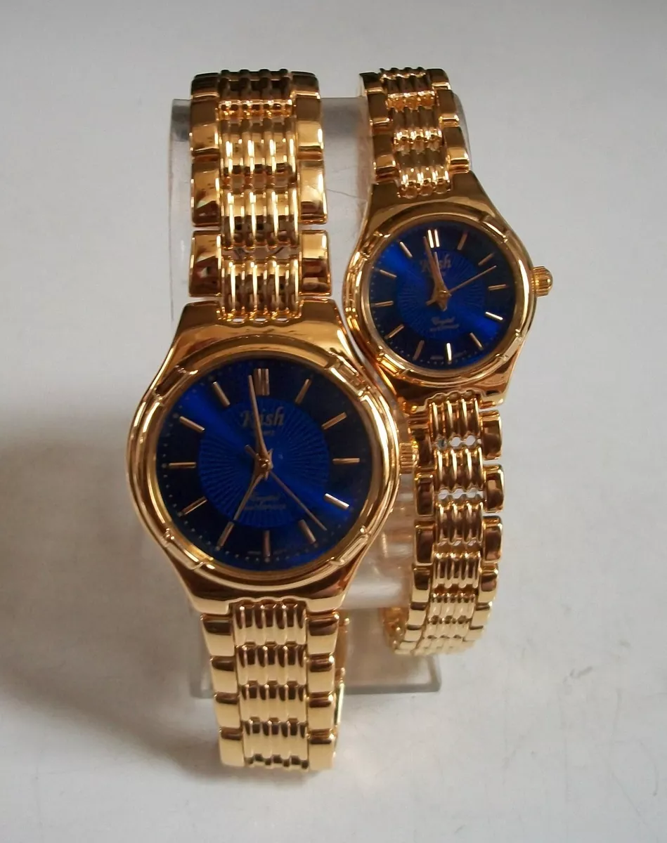 Men women 2pc Kish gold finish blue dial fashion dressy watches