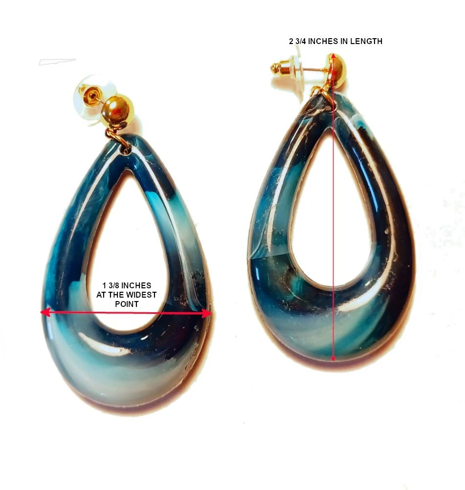 Dark Teal Dangle Earrings Big Large Chunky Marbled Blue Green Gold