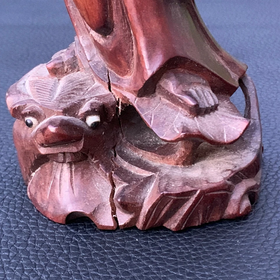 Antique Old Chinese Boxwood Wood Figure Guanyin Bodhisattva Dragon Fish Statue - Image 3 of 4