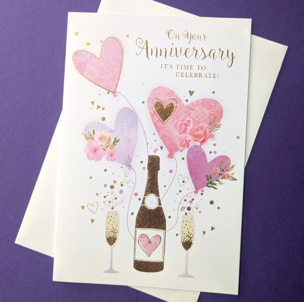 On Your Anniversary Pink Lilac Hearts Wedding Nice Verse MessageGreeting 19x13cm