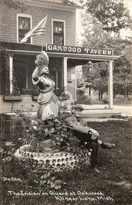 Klinger Lake Michigan Oakwood Tavern Indian Statue MI RPPC Photo Postcard COPY