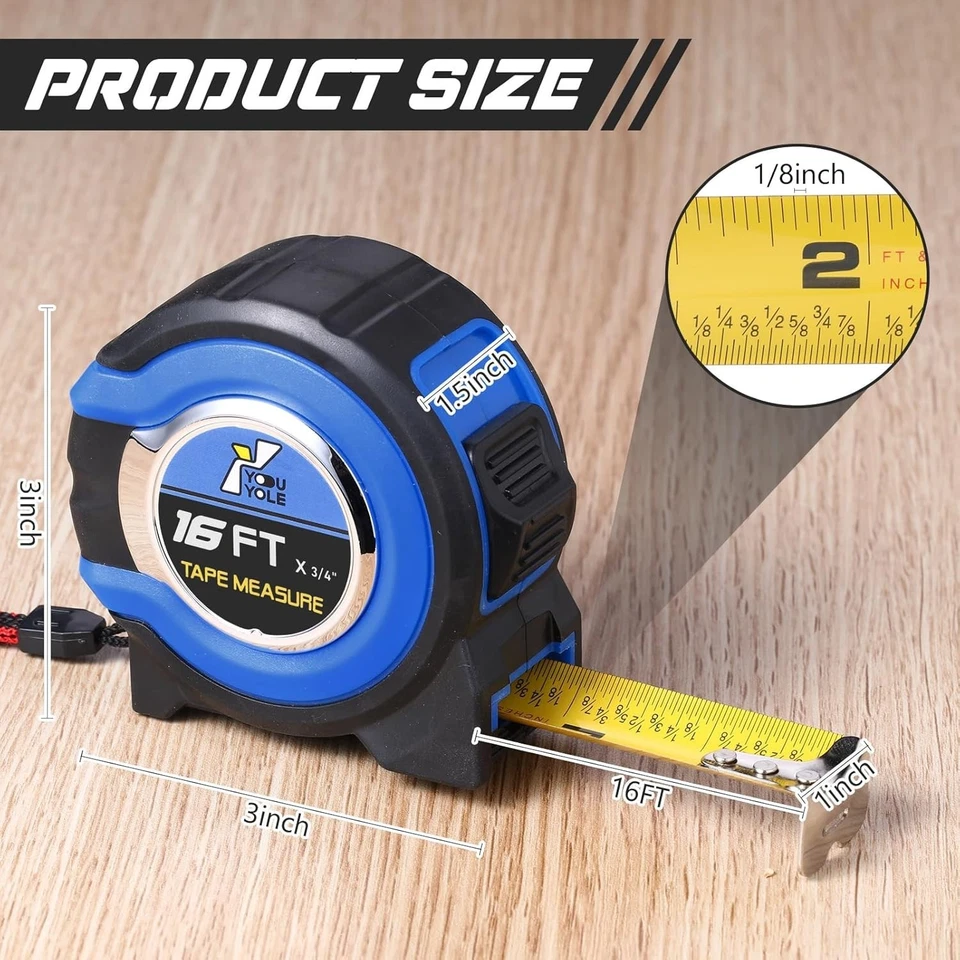 Retractable 16ft Measuring Tape - 10-Pack with Clear Fractional Readings in Blue - Image 4 of 4