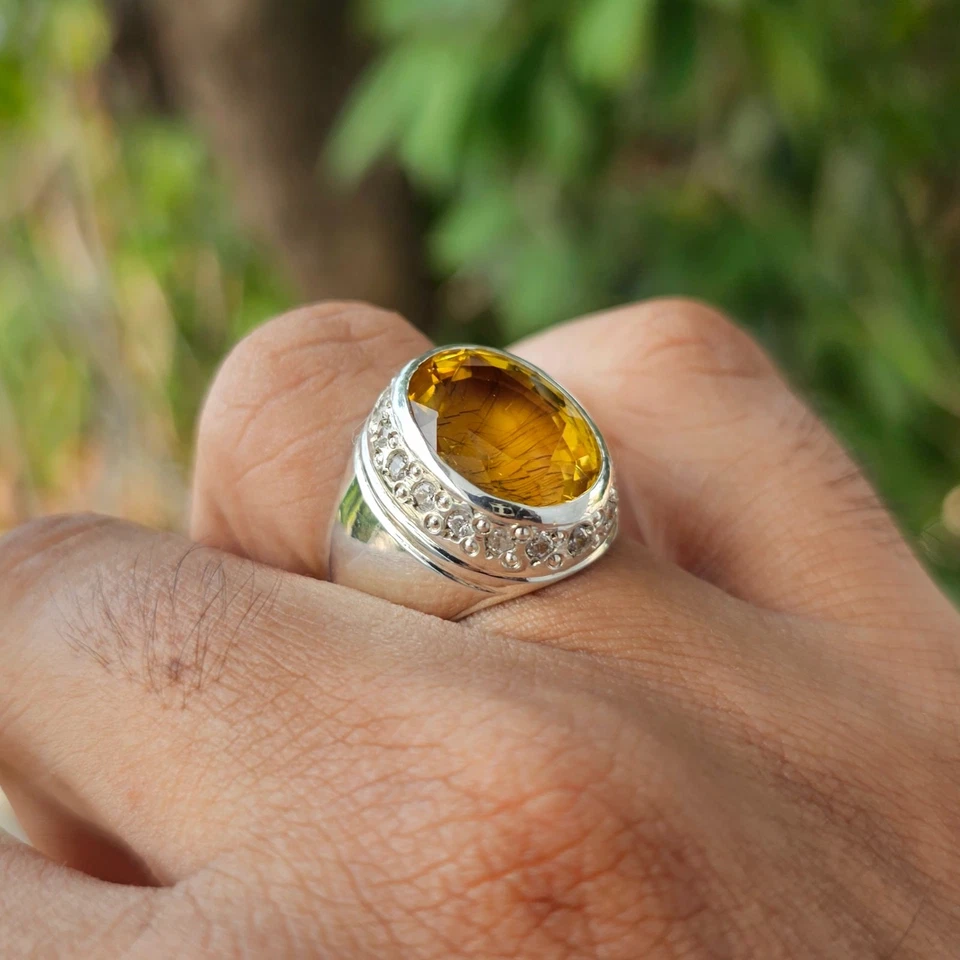Citrine Stone 925 Sterling Silver Ring African Citrine Ring Lab Made Citrine - Image 3 of 4
