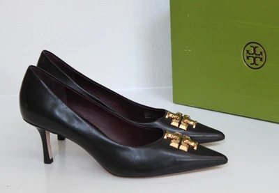 sz 5 Tory Burch Black Leather Gold Logo Eleanor Pointed Toe Pump Shoes - Image 1 of 4