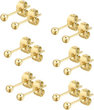 6 Pair Tiny Women 14K Gold Plated Ball Stud Earrings Surgical Stainless Steel Ea