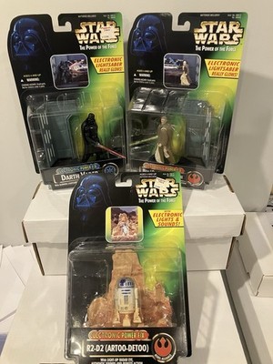 1996 STAR WARS POTF2 ELECTRONIC POWER FX (3) DARTH VADER OBI WAN R2-D2 MOSC !!