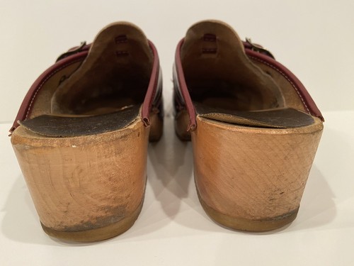 Bastad-Toffeln Clogs Women's Burgundy Leather Top Wooden Heel Swedish 6-6.5 - Picture 9 of 10