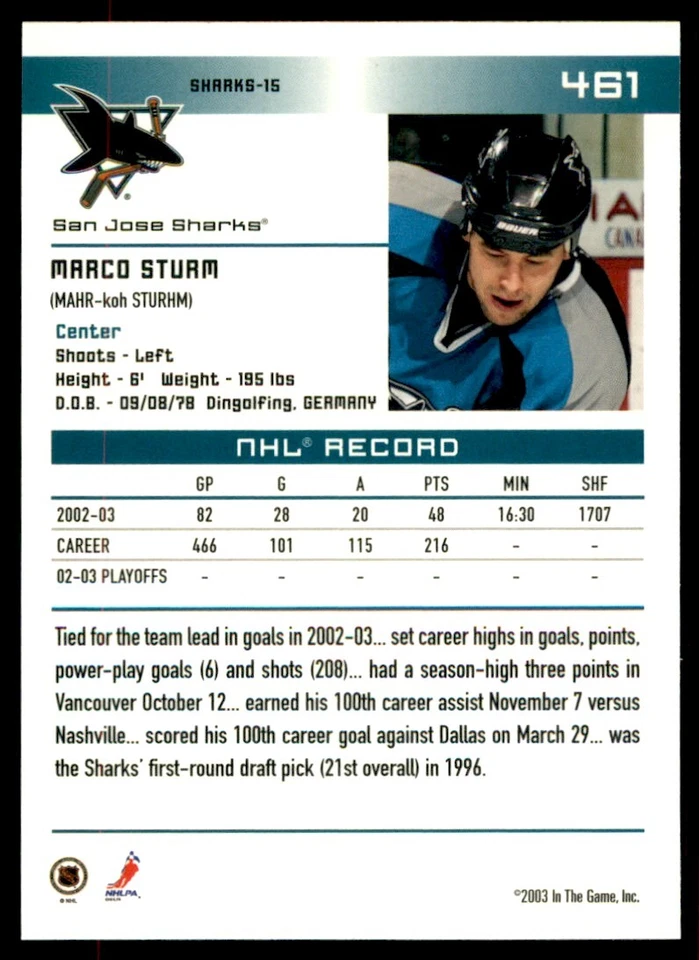 2003-04 In The Game Action Marco Sturm #461 - Image 2 of 2