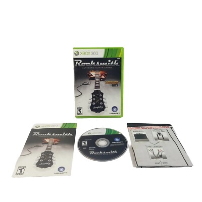 ROCKSMITH GAME FOR XBOX 360, GAME DISC, CASE, MANUAL, AUTHENTIC GUITAR, UBISOFT
