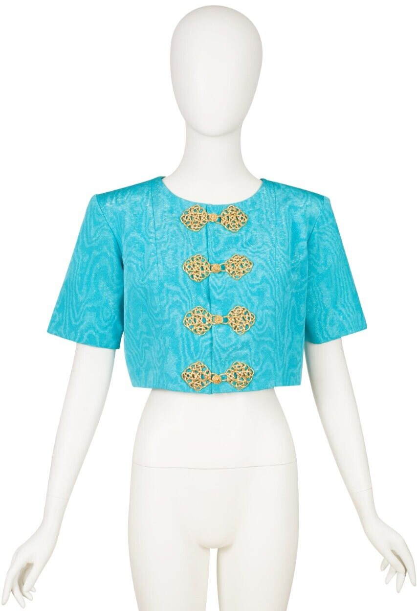 Yves Saint Laurent 1993 S S Runway Vintage Turchese Moiré Giacca Tagliata M L