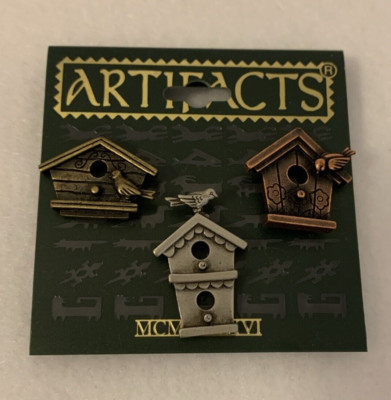 JJ Jonette Artifacts (3) Birdhouse Scatter Pins Brooches Silver Pewter Cooper 