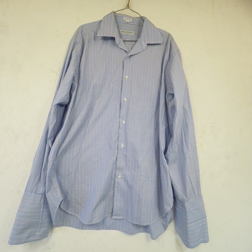 Salvatore Ferragamo Mens Striped Cotton Dress Shirt Blue Red French Cuff 16
