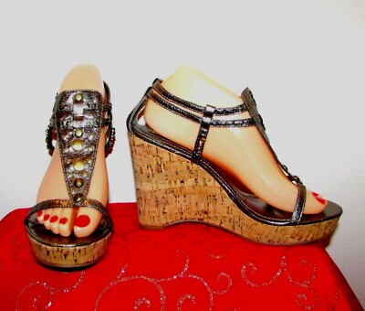 STEVE MADDEN P-VYCCE SZ PEWTER METALLIC OPEN TOE CORK PLATFORM WEDGE  SANDALS