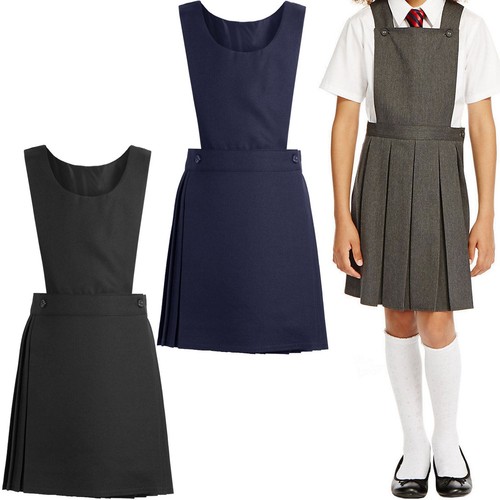 NEW KIDS GIRLS UNIFORM PLEATED PINAFORE BIB DRESS SCHOOL UNIFORM AGES 2-18 YEARS - Picture 1 of 9