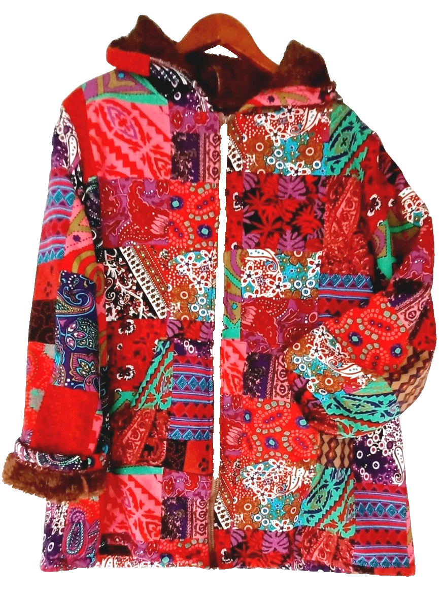 Womens Colorful Patchwork Plaid Quilt Sherpa Jacket Sz XLp Fall Winter Homestead