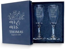 Set of 2 Personalized Wedding Champagne Glass with box-Bride  Groom Flutes Cute