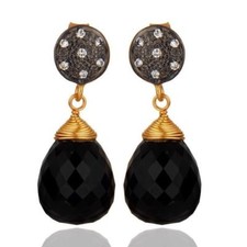 18K Gold Plated 925 Sterling Silver Black Onyx CZ Drop Dangle Earrings Jewelry