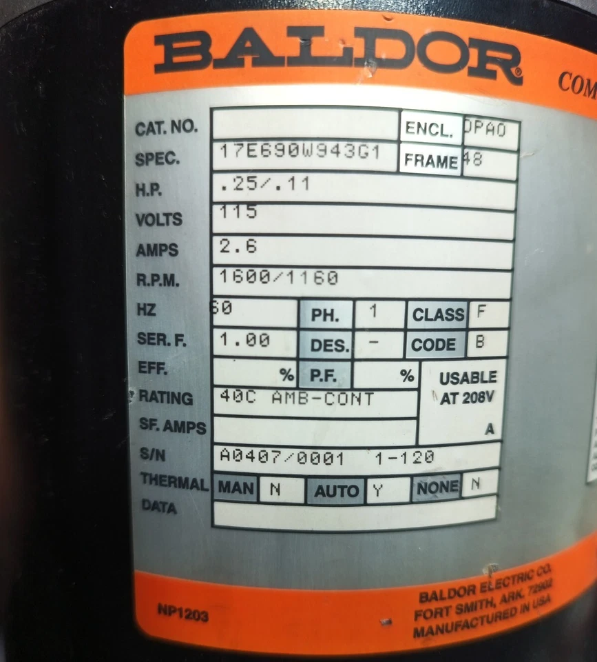 Baldor 17E690W943G1, Blower Motor (.25/.11HP)-(1600/1160RPM)-(115VAC) - Image 2 of 4