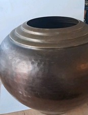 Rotund Bronze Vase Pot Black Burnished Asian Style Hammered Metal Pot Vintage