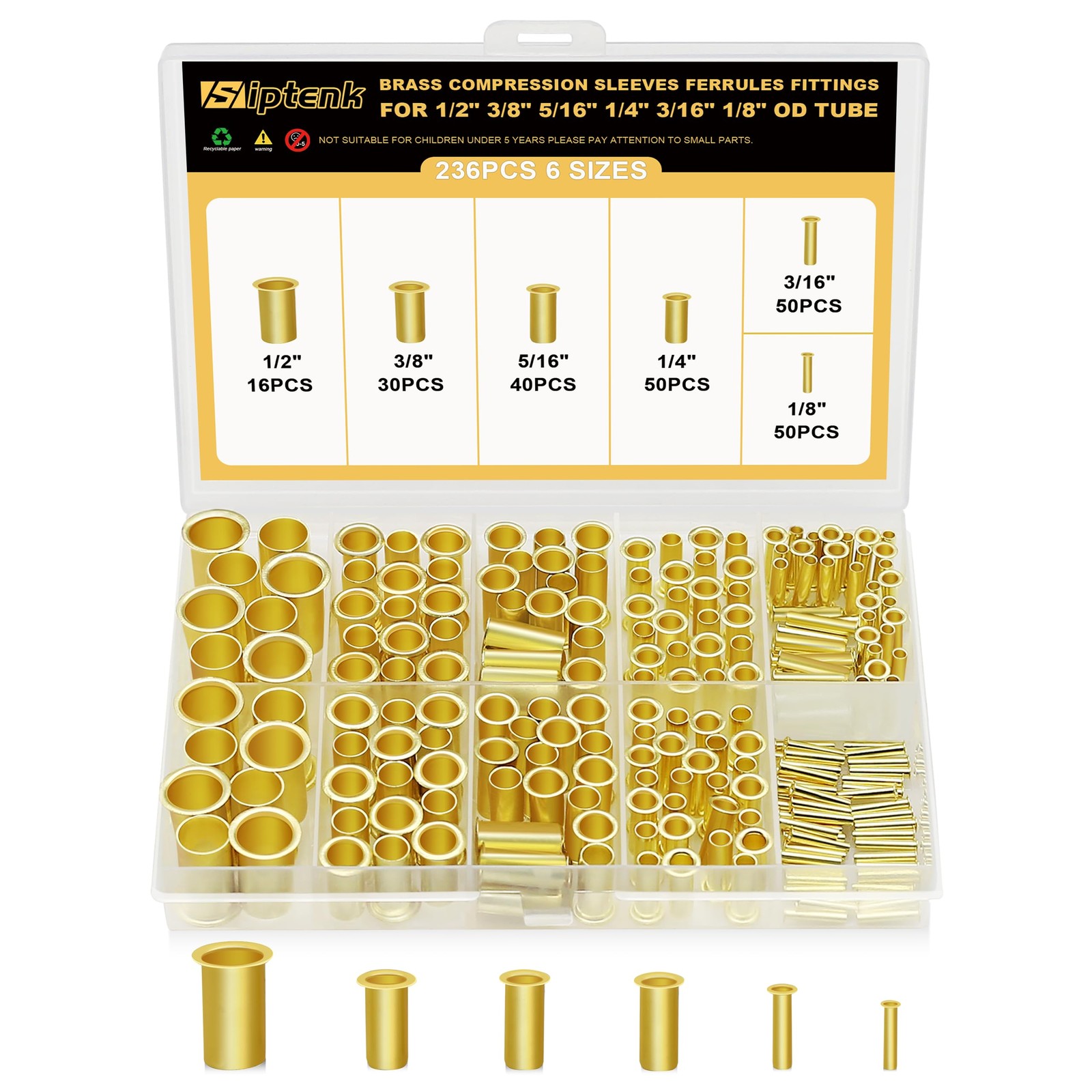 Brass Compression Tube Insert 236 PCS Fits 1/2 3/8 5/16 1/4 3/16 1/8 Inch