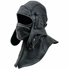 Real Leather Aviator Cap with Collar & Face Cover Tactical Pilot Hood