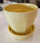 Vintage McCoy Pottery 4" Light Yellow Basketweave Flower Pot w/Attached Saucer