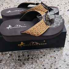 Montana West Studded Medallion Wedge Thong Sandals Brown Tan Comfort Casual