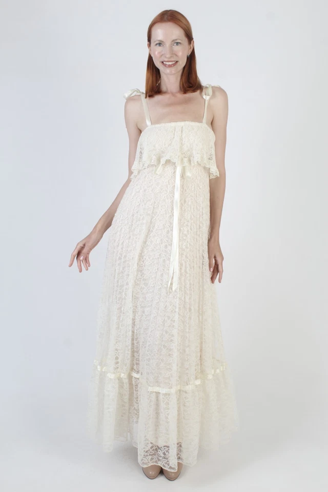 Vintage 70s Cream Lace Wedding Dress Shoulder Tie High Waist Boho Bridal Gown - Image 3 of 4