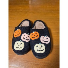 Halloween Pumpkin Sherpa Slippers Black Boucle Jack-O-Lantern House Shoes 42-43
