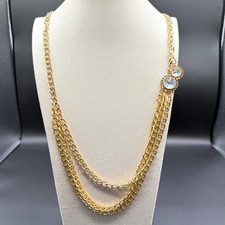 Gold Tone Triple Strand Chain Necklace Clear Rhinestone Statement Layered Boho