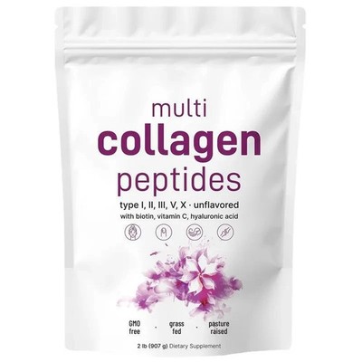 Multi Collagen Peptides Powder 1lb Type I II V Biotin Vitamin C Hyaluranic Acid
