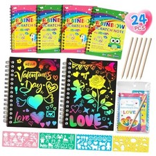 24 Pack Valentine  s Day Rainbow Scratch Art Notebooks Bulk with Cards for