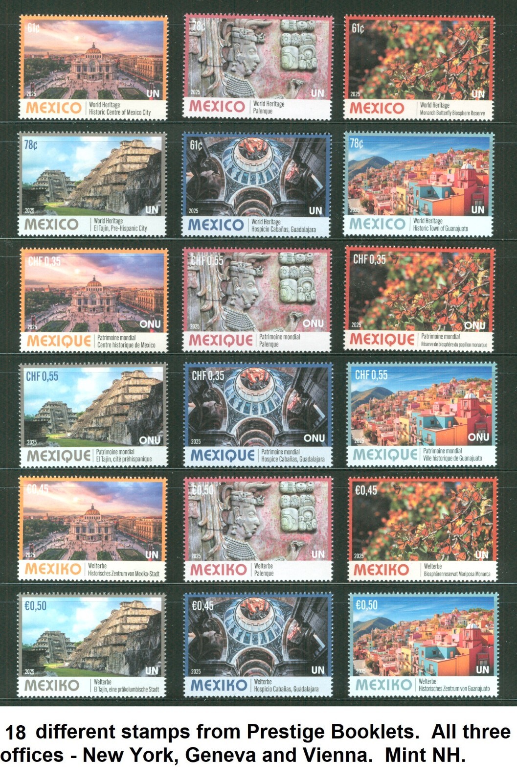 2025 United Nations - Mexico - Prestige Book Singles 18 Stamps all 3 UN Offices