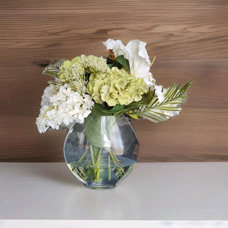 Large White And Green Flower Table Arrangement With Acrylic Water 17 In High