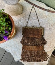 Antique 1920 s Copper Brown Beaded Flapper Purse Gemstone Accents on Frame