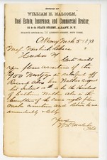 1873 Albany NY Real Estate Letter William H. Malcolm Broker Handwritten Signed