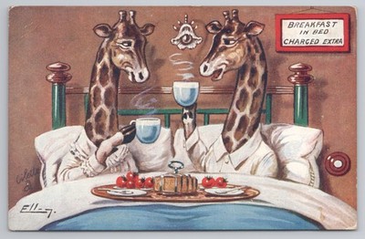 Comic Giraffen Frühstück im Bett Oilette Raphael Tuck Postkarte 9553 KEVII
