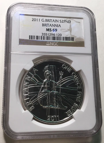 2011 Great Britain Britannia 2 Pound NGC MS69 1 Ounce Silver Coin