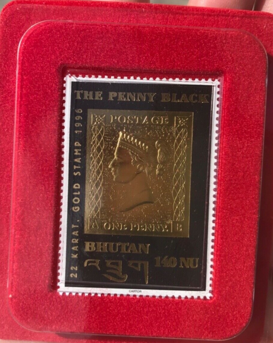 VERY RARE THE PENNY BLACK 22K GOLD STAMP BHUTAN 140 NU 1996