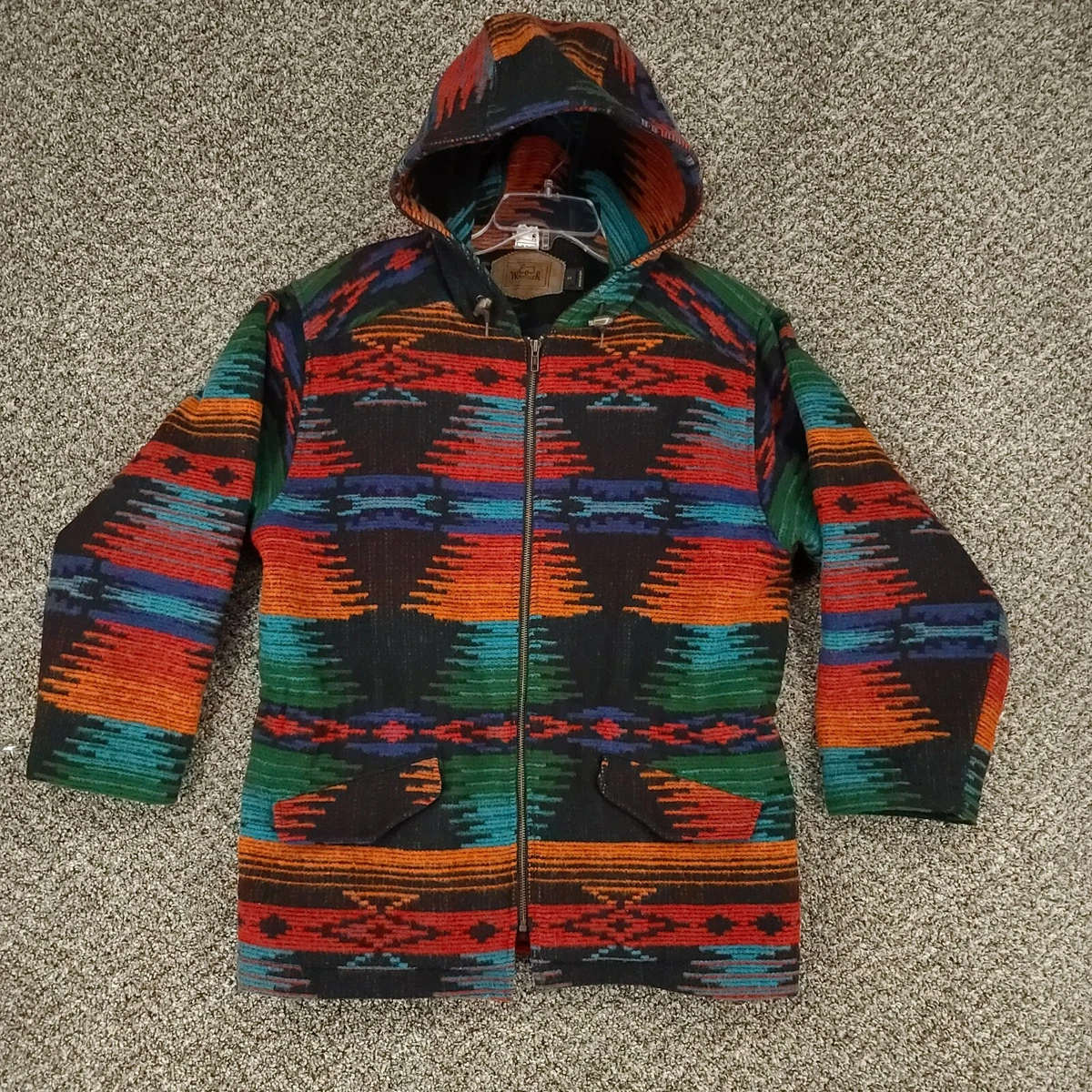 Vintage WOOLRICH Womens Medium Wool Aztec Multicolor Hooded Coat Jacket