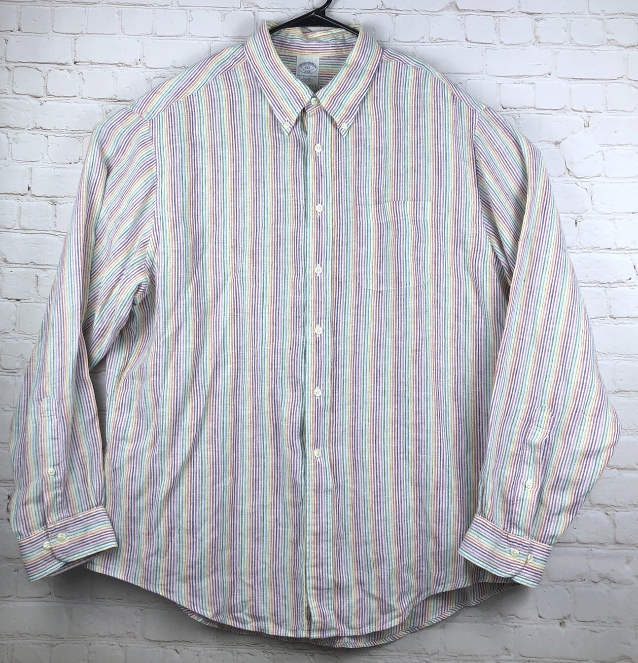 Brooks Brothers Linen Men's Button Down Long Sleeve Shirt Striped Size 2XL Slim