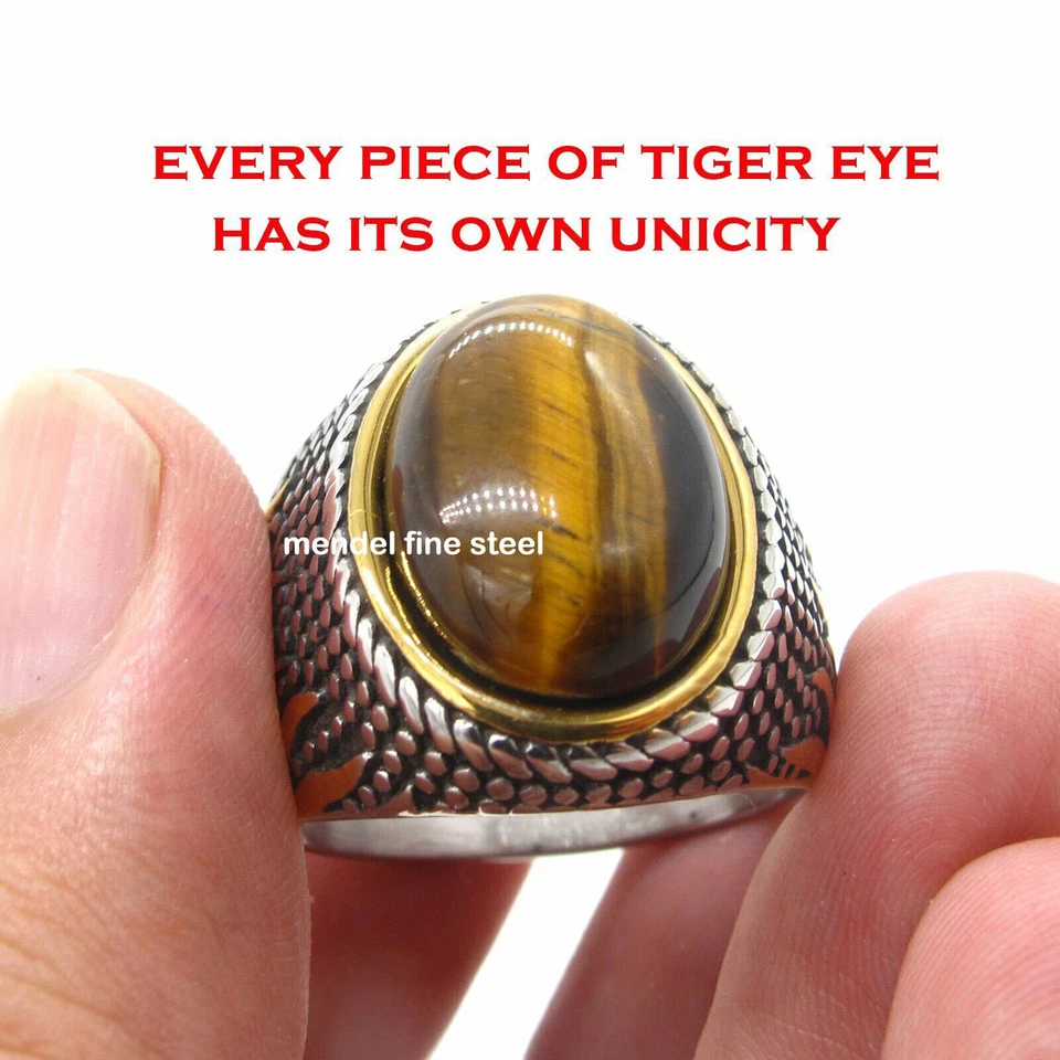 Anillo de piedra ovalado ojo de tigre chapado en oro de acero inoxidable MENDEL para hombre talla 7 8 9-15 Foto 3 de 4