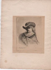 Antique Etching of Self Portrait of Rembrandt in 1631 Mounted to Album Page