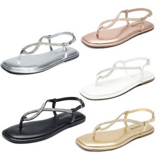 Women Rhinestone Strap Flat Sandals Flip Flop Thong Sandals Beach Sandals