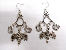 NEW LONG 4 PART VAMPIRE TEETH w DEMON WOMAN FOCAL GEO TOP DROP EARRINGS 3"