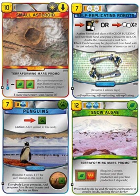Terraforming Mars 4 Promo Card Set Small Asteroid, Snow Algae, Robots, Penguins