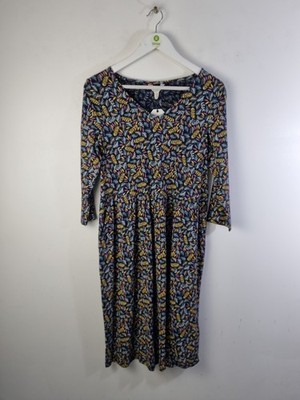 Seasalt Organic Cotton Jersey Leaf Print Midi Dress Blue Mix Size 10 V-Neck New