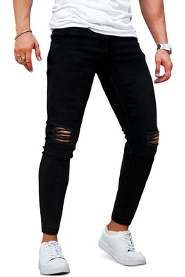 Men's Ripped Jeans Slim Fit Skinny Stretch Jeans Pants (Black Washed) Size 32