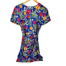 Talbots Silk Dress Womens Petite 4 4P Blue Floral Faux Wrap Vintage